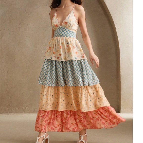 Dresses & Skirts - Boho Floral Print Layered Tiered Ruffle Hem Tie Back Cami maxi Dress
